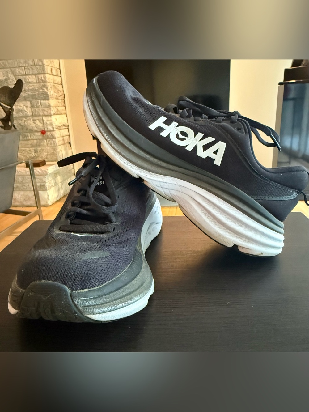 Hoka Woman Black and White Athletic Running Shoes Bondi 8